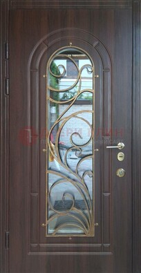 Железная дверь Винорит со стеклом и ковкой в темном цвете ДСК-216 